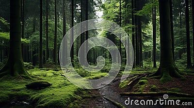 Enchanting European Forest: A Dark Green Fairytale With Mossy Magic Stock Photo