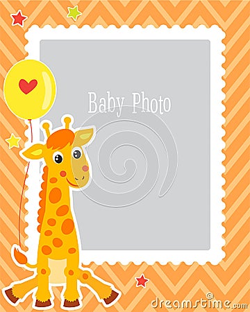 Photo Frame Design For Kid With Cute Giraffe. Decorative Template For Baby Vector Illustration. Birthday Children Photo Framework. Vector Illustration