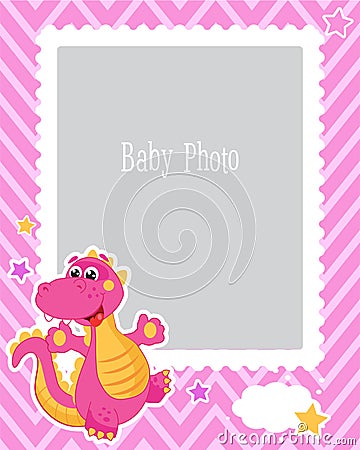 Photo Frame Design For Kids With Dinosaur. Decorative Template For Baby Vector Illustration. Birthday Children Photo Framework. Vector Illustration