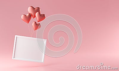 Photo Frame Flying With Love Heart Ballon Mockup Template Copy Space 3D Rendering Stock Photo