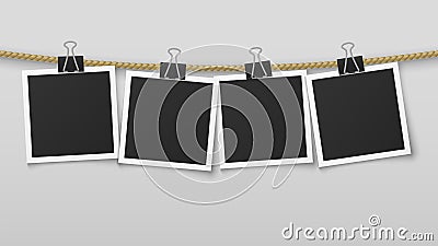 Photo frame hanging on rope. Blank photo paper frames, retro picture exhibition and clothespins. Vector album Vector Illustration