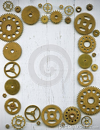 Photo frame, from a large number of watch gears on a wh Stock Photo