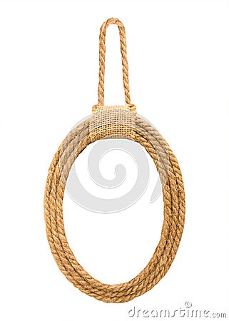 Photo frame made from natural rope in oval shape isolated on white background. Clipping path Stock Photo