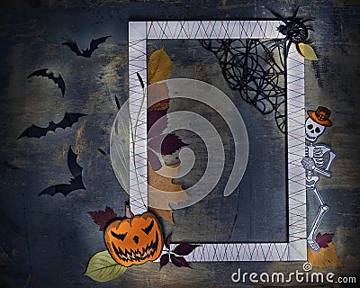 Photo frame with paper models of Pumpking Jack, skeleton Zombie, bats and spider on old shabby background. Halloween concept Stock Photo