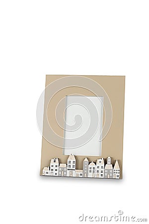 Photo frame with small houses on white background 3D illustration Stock Photo