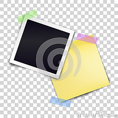 Photo frame and yellow sticky note attached color adhesive tapes. Template for design. Vector illustration Vector Illustration