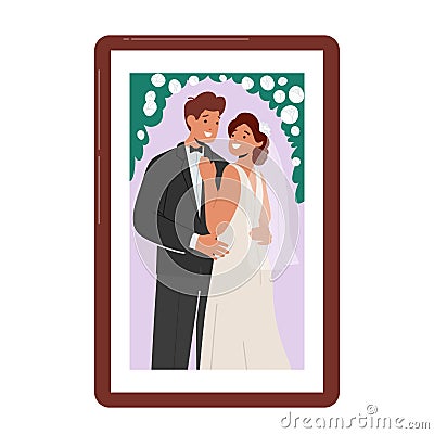 Photo In Frame With Young Groom And Bride Stand Together, Smiling, Embrace. Romantic Setting, Flowers, Greenery Vector Illustration