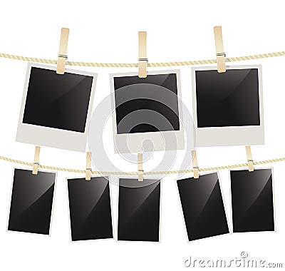 Photo frames hanging on clothesline with clothespins on white Vector Illustration