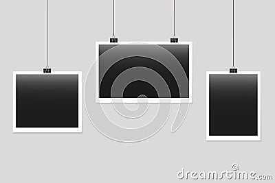 Photo frames isolated on the grey background. Picture and foto frame hanging on a clips. Blank photos frames hanged on wall for Vector Illustration