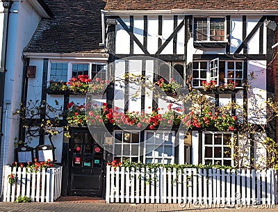 Photo of Friends Restaurant in Pinner High Street, Pinner Middlesex UK. Restaurant is located in historic timber tudor building Editorial Stock Photo