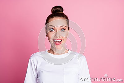 Photo of funky charming nice crazy lady funny pretty bun summer vacation good mood open mouth overjoyed good news wear Stock Photo