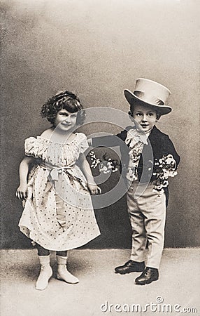 Photo funny little girl boy vintage dressing Retro picture Editorial Stock Photo