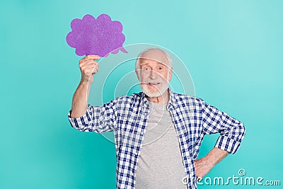 Photo of funny positive grandpa hold empty space cloud figure isolated on teal color background Stock Photo