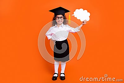 Photo of funny schoolkid academic scholar hold paper mind cloud advertise school sale isolated vibrant color background Stock Photo