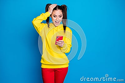 Photo of funny shocked lady two tails hold telephone popular blogger read post blog positive comments overjoyed wear Stock Photo