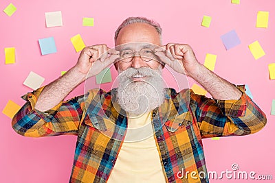 Photo of funny white beard old man hands spectacles wear shirt isolated on pink color background Stock Photo