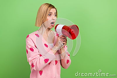 Photo of funny young girl blonde pink cardigan scream megaphone dissatisfied communicate empty space on green Stock Photo