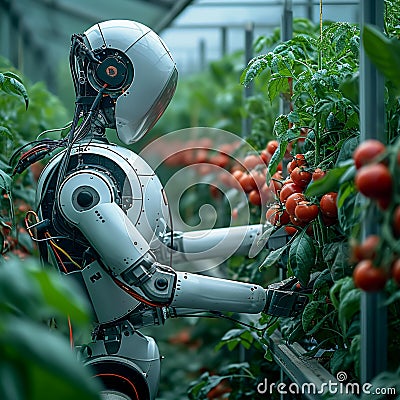 Photo Future farming Robot arm harvests vegetables in a technologically advanced greenhouse Stock Photo