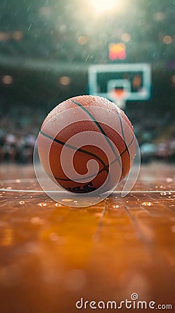 Photo Game ready setting Basketball ball positioned in front of sleek arena Stock Photo
