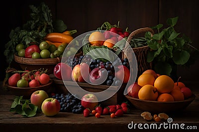 Various fresh fruits and vegetables in the basket and in the bowl on the wood table, Generative Ai Stock Photo