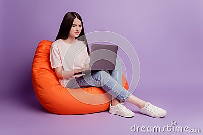 Photo of girl with laptop sit beanbag look screen on purple background Stock Photo