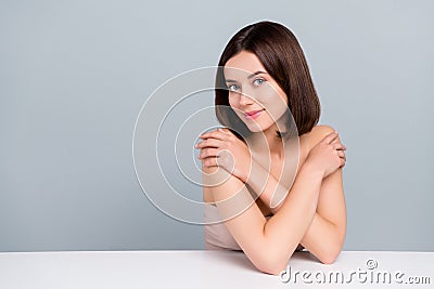 Photo of girlish gentle lady cuddle herself enjoy fresh pure body washing shower isolated over grey color background Stock Photo