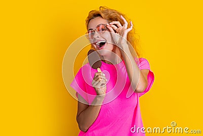 photo of glad woman with icelolly ice cream at summer. woman with icelolly ice cream Stock Photo