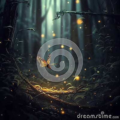 glowing butterfly in dark forest ai generated Stock Photo