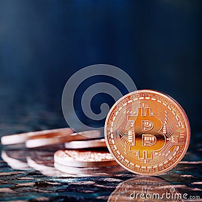 Photo Golden Bitcoins new virtual money Stock Photo