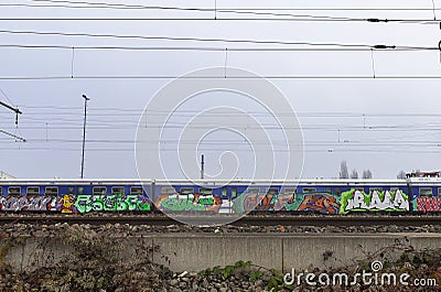 Photo of graffiti painted on train wagon in Vienna, Austria Stock Photo