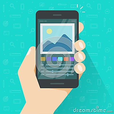 Photo or graphic editor on mobile phone or cellphone vector illustration, flat cartoon smartphone screen and design or Vector Illustration