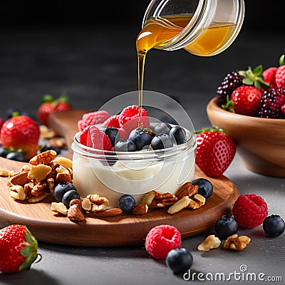 Photo of Greek yogurt with honey, nuts, and fresh berries Stock Photo