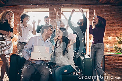 Photo of group amazing friends meeting surprise baby party wedding anniversary future parents sit sofa hold big cake Stock Photo