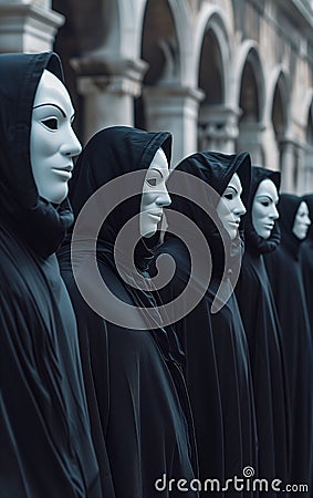 photo of a group of people wearing expressionless white masks and black hooded robes Stock Photo