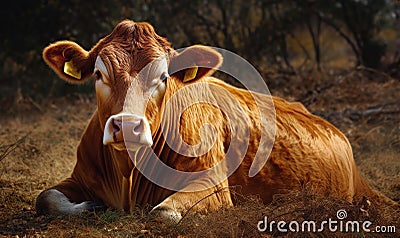 photo of Guernsey cow in its natural habitat. Generative AI Stock Photo