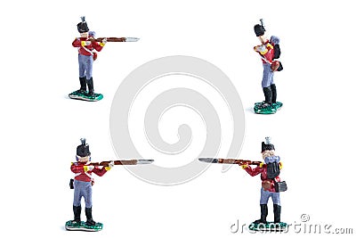 4 in 1 photo of handmade tin soldiers in red uniform with musket Stock Photo