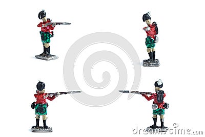 4 in 1 shot of handmade tin soldiers with musket on the white background Stock Photo