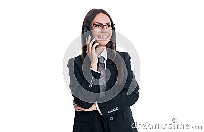 photo of happy businesswoman call on phone wear glasses. businesswoman call Stock Photo