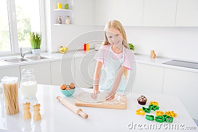 Photo of happy cheerful young girl knead dough bake cookie smile enjoy indoors inside house home kitchen Stock Photo