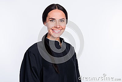 Photo of happy good mood cheerful smiling beautiful woman attorney judge in black robe isolated on white color Stock Photo