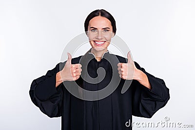 Photo of happy good mood lovely smiling woman judge showing thumb-up like isolated on white color background Stock Photo