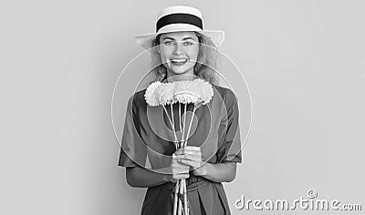 photo of happy retro summer woman with flowers. retro summer woman with flowers Stock Photo