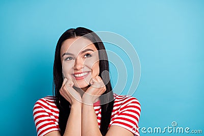 Photo of happy smiling dreamy charming woman look copyspace dreaming adoring isolated on blue color background Stock Photo