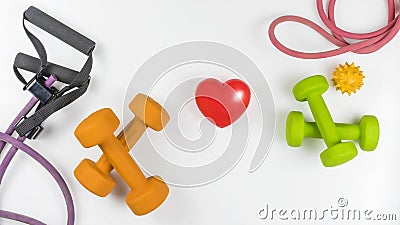 Healthy lifestyle for heart sport dumbbell equipment fitness on white background. Healthy Concept. Top view. Stock Photo