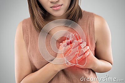 The photo of heart is on the woman `s body, Severe heartache, Hav Stock Photo