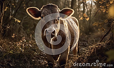 photo of heifer bovine standing on a forest path. Generative AI Stock Photo