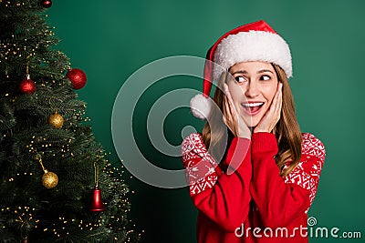 Photo of hooray millennial lady look tree hands face wear new year sweater cap isolated on green color background Stock Photo