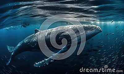 Photo of humpback whale majestic and serene gliding through a deep turquoise sea with a school of shimmering fish in tow that Stock Photo