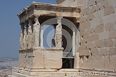 Photo of iconic Erechtheion with famous Caryatids, Acropolis hill, Athens historic center, Attica, Greece Stock Photo