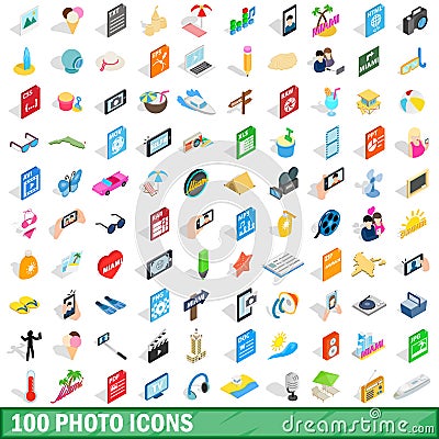 100 photo icons set, isometric 3d style Vector Illustration